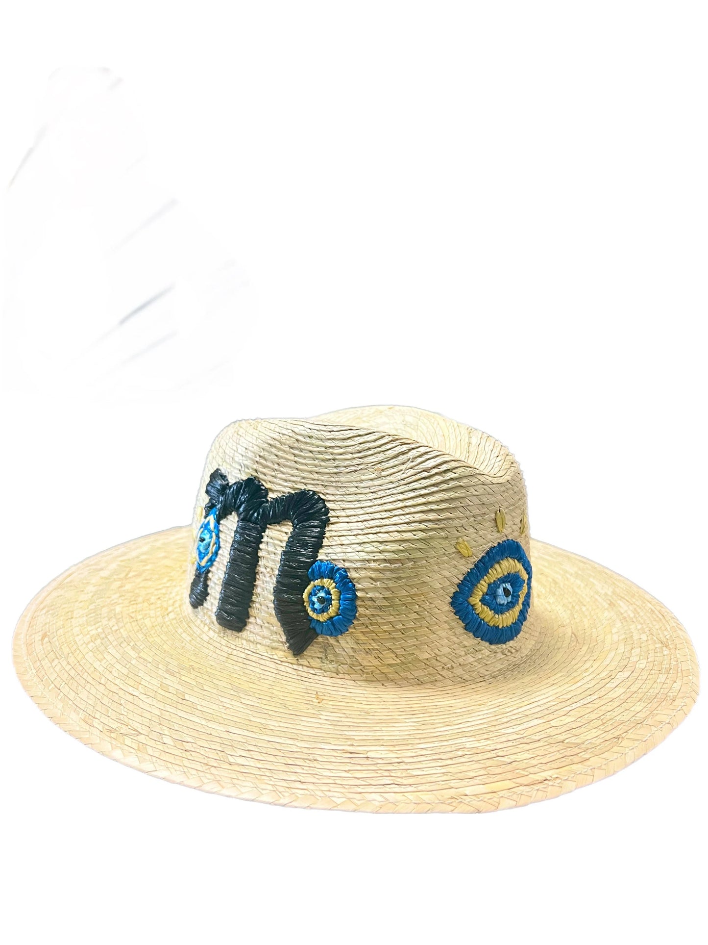 Embroidered evil eye inicial straw hat