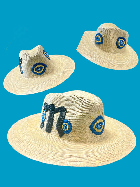 Embroidered evil eye inicial straw hat