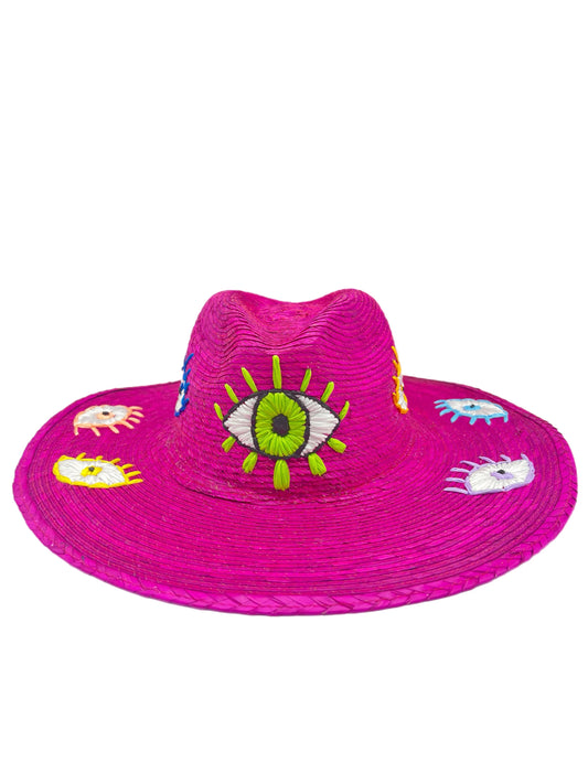 Embroidered Multi color evil eye straw hat